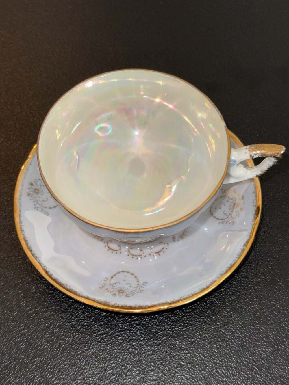 Vintage A Price Import Japan Footed Teacup Saucer Lusterware Victorian Couple